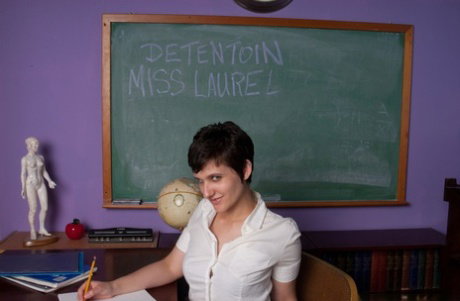 Short haired teen in a plaid skirt Laurel exposes her hairy cunt at school