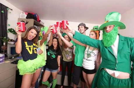 Drunk college girls lick cunt and suck cock before taking facial cumshots