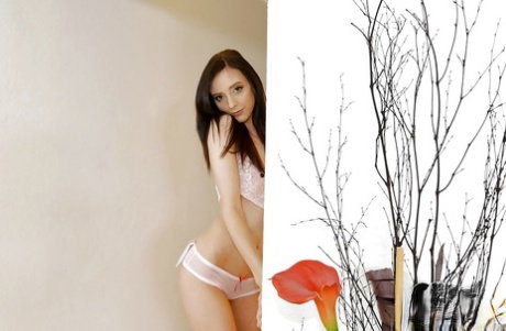 Slender brunette gf Lanoir sliding cute panties aside to expose bald snatch