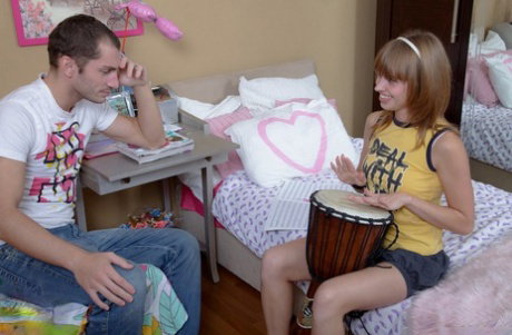 Young looking girl Natalia Gee plays her drum before ass to mouth sex