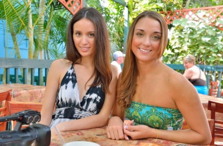 Clothed lesbians Mary & Aubrey flash no panty upskirts on Hawaiian streets