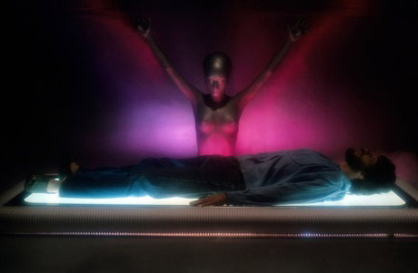 Sexy alien babe Bridgett Rollins rides her hung abductee's big stiff cock