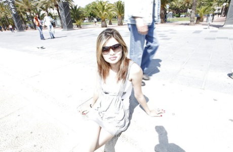 Frisky latina sweetie flashing her nice tits and sexy ass in public place