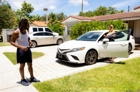 Big titted Latina girl Crystal Chase invites a black dude inside for sex