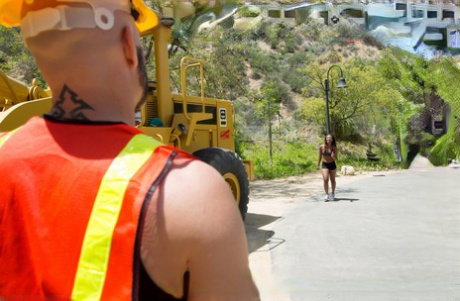 Petite ebony Chanell Heart strips and enjoys white rode on a construction site