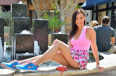 Sexy brunette in cotton underwear flashes hot panty upskirt outdoors
