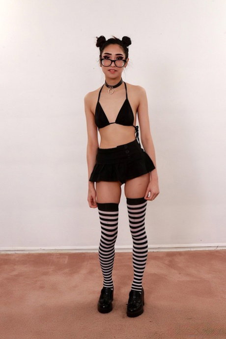 Little Asian teen with eyeglasses Eva Yi getting involved in a gangbang