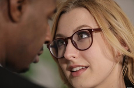 Dirty nerdy blonde Alexa Grace gets banged by a long black dong at the office