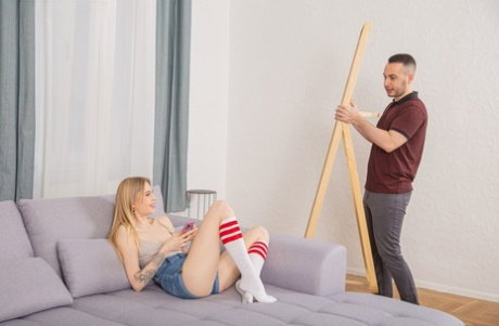Blonde teen Mimi Cica spits out jizz after sex in striped socks