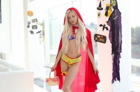 Skinny little red hooded rider Elsa Jean gets a big dick in her tiny pussy