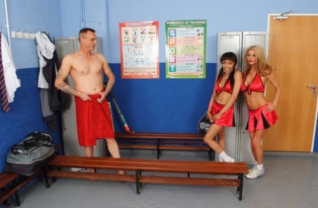 British cheerleaders Alyssa Divine & Tia Layne give a CFNM handjob