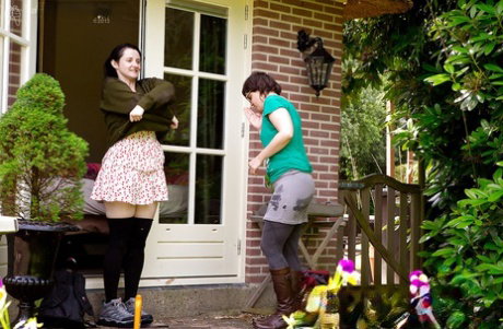 Naughty geek girls in long socks and skirts strip for hairy cunt viewing