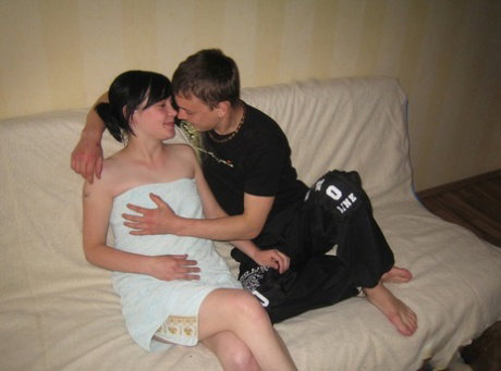Skinny teen Dominica enjoys wild sex with her well-endowed BF on a sofa