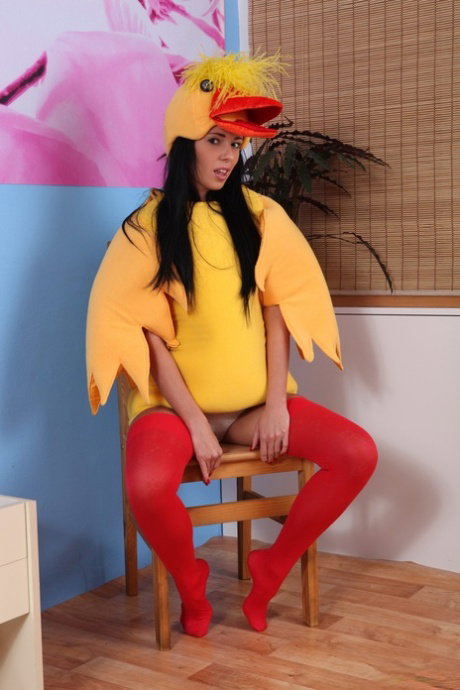 Skinny babe Gina removes her duck costume and toys herself after peeing