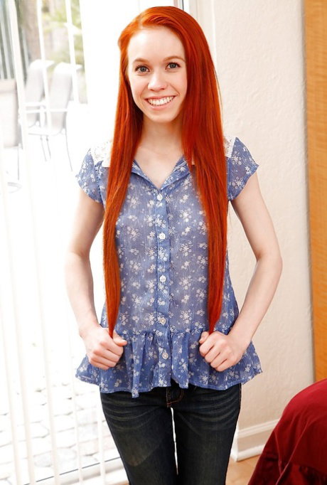 Redheaded teen first timer Dolly Little stretching pink cunt wide open