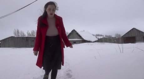 White girl Alexa ducks into an abandoned farm building for a badly needed piss