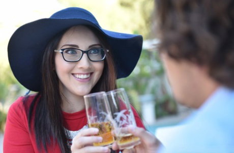 Hot brunette doffs glasses to give blowjob & fuck her date in the backyard