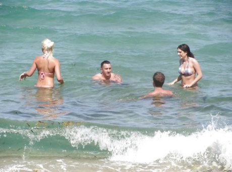 Teens Jazlyn, Shay and Savannah in bikini kissing at the party outdoor