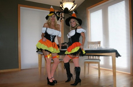 Blonde lesbians Sammy & Naughty Allie have sex while wearing Halloween outfits