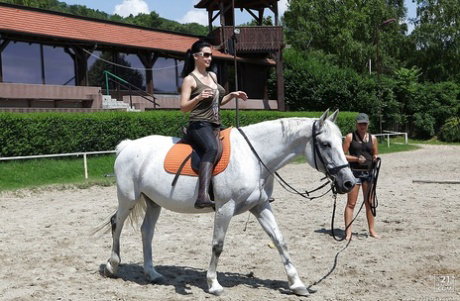 Pornstar Aletta Ocean is riding a horse outdoor in glasses