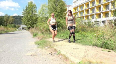 Hot lesbian joggers Vicky & Chrissy pause to squat for a pee on the path