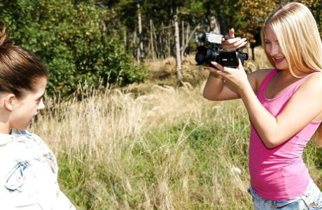 Solo teen Viktoria A masturbating in the forest after panty removal