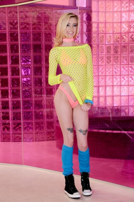Blonde teen Haley Reed gets naked in leg warmers and hightop running shoes