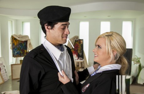 Stunning blonde in school uniform Kelly Surfer sucks and fucks a stiff prick