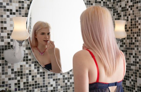 Young blonde Sally removes baby doll lingerie before figuring her pussy