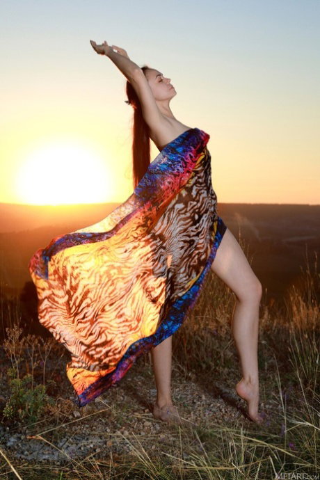 Slim teen removes a blanket to pose her very first nude shoot on a hilltop