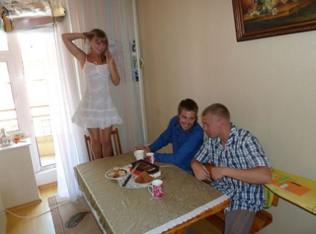 Slutty Euro girlfriend Alika screws a blonde dude in her cuckold's presence
