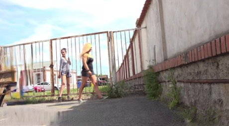 Best friends Enna Lovely & Esperansa squat behind a building for a piss