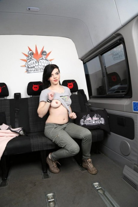 Super naughty German brunette fingering her coochie in the public van