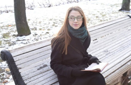Geeky girl Alita Angel fucks a boy after accepting a ride on a cold day