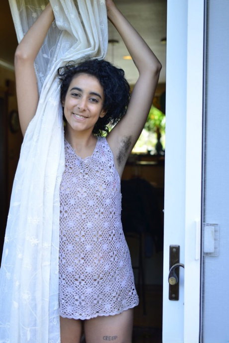 Petite amateur Grace unveils her sweet tits and rubs her hairy pussy outdoors
