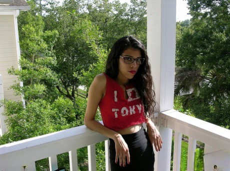 Dark haired girl with red lips Lucinda makes her nude debut in her glasses
