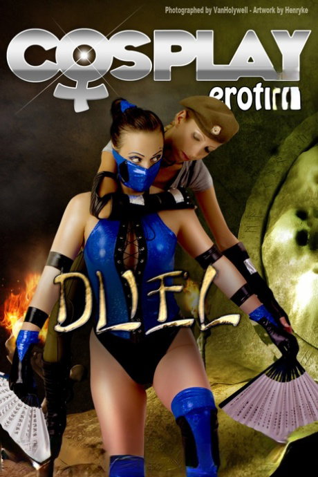 Mortal Kombat enthusiasts partake in lesbian play during a cosplay session