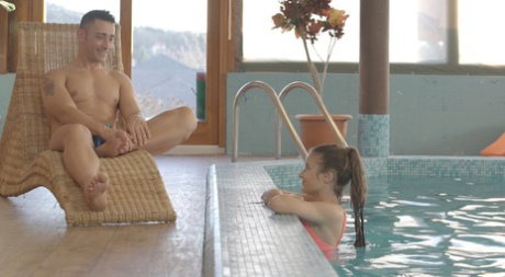 Hot underwater pool grope leads to lounge chair blowjob & cum on pussy