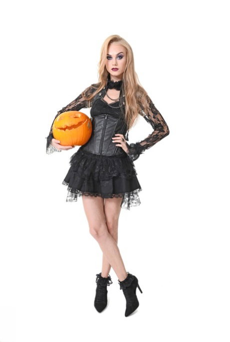 Fantastic blonde Nancy A strips off her naughty outfit for a Halloween