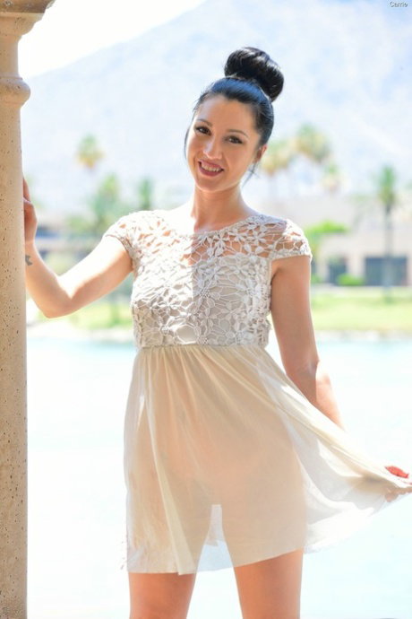 Happy lace clad girl flashes hot upskirt to prepare for hot toying session