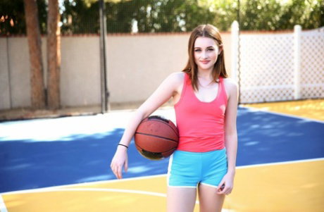 Skinny schoolgirl Danni Rivers plays basketball and gets fucked hard after