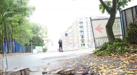 Brunette girl Shalina Shine takes a badly needed pee on leaves in public