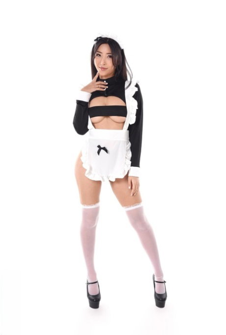 Hot Japanese maid Emiri Momota masturbates with a sex toy during solo action
