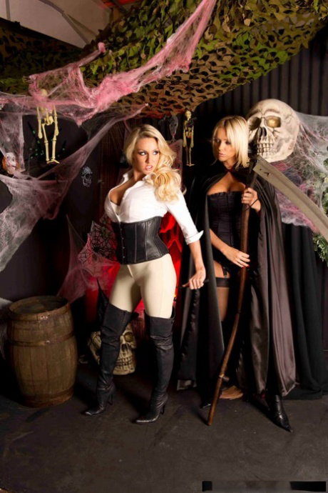 Hot blonde Lucy Zara and an equally stunning gf play lezdom games at Halloween