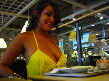Naughty babe Charley Chase sows her medium tits while in public