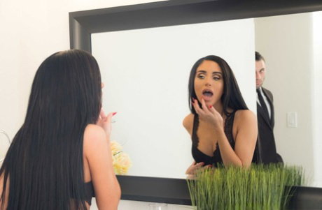 Petite dark haired girl Naomi Woods gets rammed and jizzed on her belly