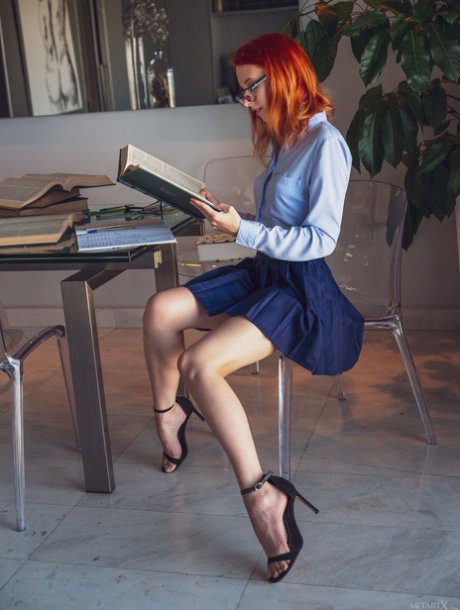 Sexy Estonian redhead student Elin Flame strips & rubs her coochie