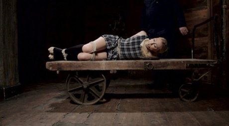 Blonde student finds herself restrained and penetrated by an evil man