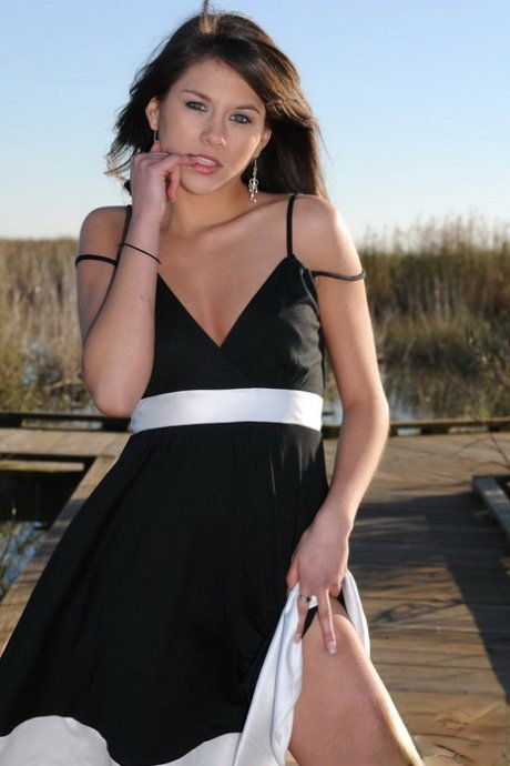 Nice young girl Shyla Jennings takes off her dress to pose nude on a boardwalk