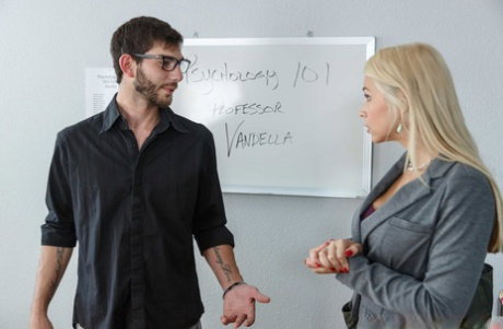 Busty teacher Sarah Vandella gets fucked by a big dicked nerd in the classroom